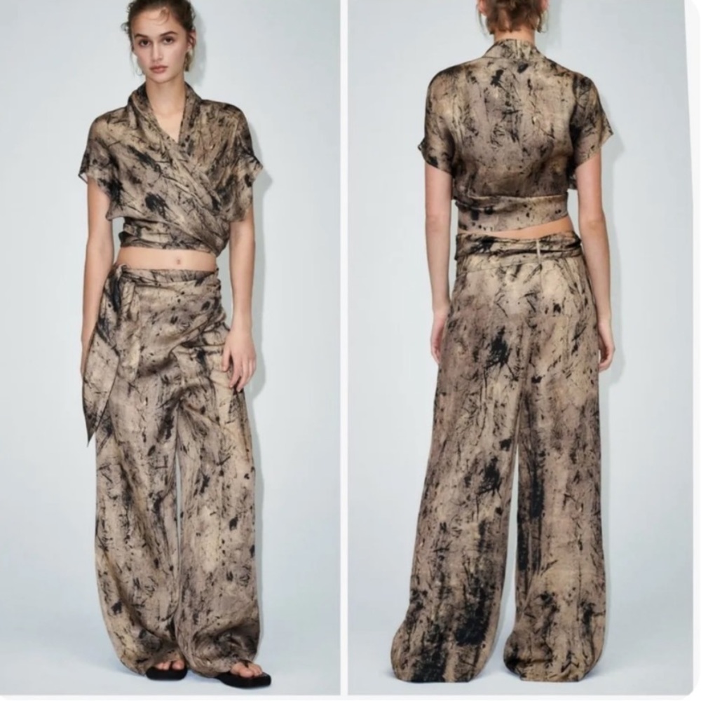 Zara Beige and Black Marble-Print Wrap Top & Wide-Leg Pants Set
